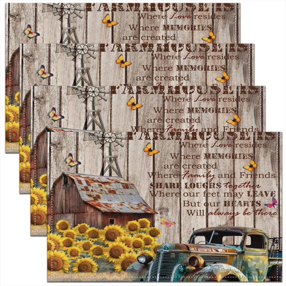 Erosebridal Rustic Truck Place Mats Set of 4 for in Door Dinning, Sunflower Floral Table Place Mats for in Door Dining, Lodge Cabin Decor