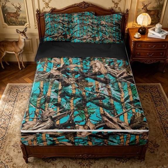 Erosebridal Rustic Turquoise Branch Zipper Twin Comforter Sets with Fitted Sheet and 2 Pillowcases for Women Men, Pine Leaf Print Zipper Bedding Set, Black Reversible, 4-Piece