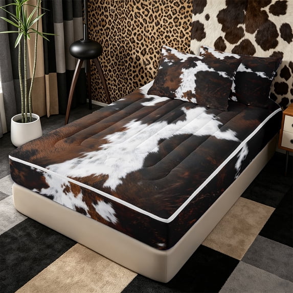 Erosebridal Rustic Two-Tone Cowhide Print Zipper Queen Comforter Set with Fitted Sheet and 2 Pillowcases,Thick Furry Blot Accent Zipper Bedding Set,Brown Black White,4 Pieces,Black Reversible