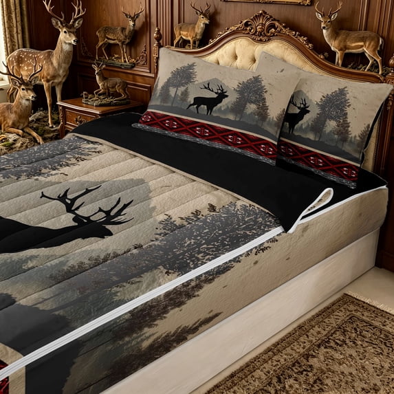 Erosebridal Rustic Western Elk Zipper Twin Comforter Sets with Fitted Sheet and 2 Pillowcases for Women Men, Beige Red Aztec Damask Zipper Bedding Set, Black Reversible, 4-Piece