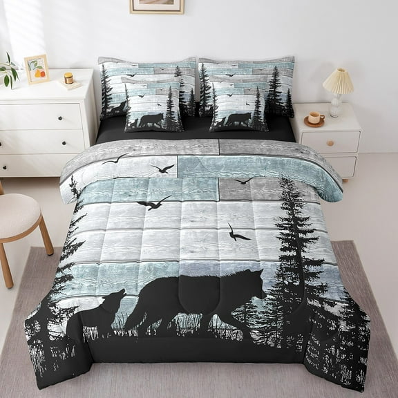 Erosebridal Rustic Wolf Bedding Sets Queen Size, Lodge Cabin Comforter Sets with Sheets, Woodland Wildlife Reversible Bed Sheets Set, Super Cozy Bedroom Decoration, 7pcs