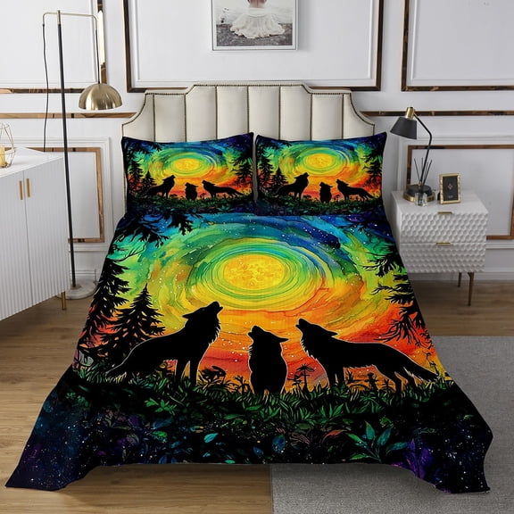 Erosebridal Rustic Wolf Quilt Sets for King Size Bed, Swirl Starry Sky 02, Wildlife Decor 3pcs