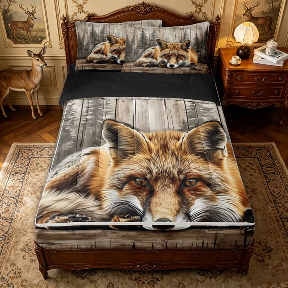 Erosebridal Rustic Wood Fox Zipper Twin Comforter Sets with Fitted Sheet and 2 Pillowcases for Boys Men, Conifer Tree Print Zipper Bedding Set, Black Reversible, 4-Piece