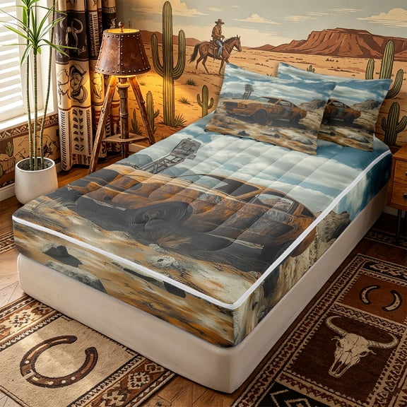 Erosebridal Rustic Wreck Muscle Car Print Zipper Twin Comforter Sets with Fitted Sheet and 2 Pillowcases,Desert Mountain Rock Accent Zipper Bedding Set,Orange Gray,4-Piece,Black Reversible