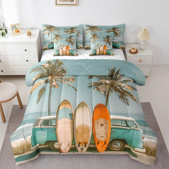 Erosebridal Rv Car Bed In A Bag King Size,Ocean Surfing Bedding Sets King Size,Hawaiian Beach Decoration,Reversible,Super Cozy,7 Pieces
