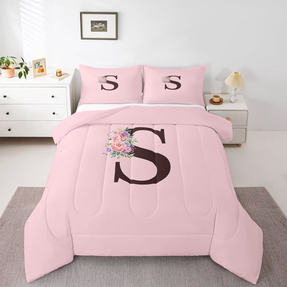 Erosebridal S Personalized Initial Girl Queen Comforter Set 3pcs,Teens Floral Rose Flowers Bedding Comforter Set,Pink Reversible