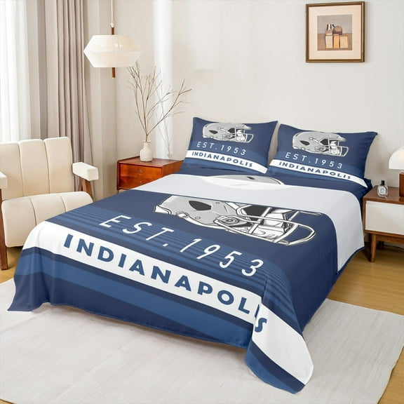 Erosebridal SIndianapolis Bed Sheets Twin,Navy Blue Green Stripes Bedding Twin Size,Rugby Helmet Sheet Set Twin,Stylish Living Room Decoration,3-Piece