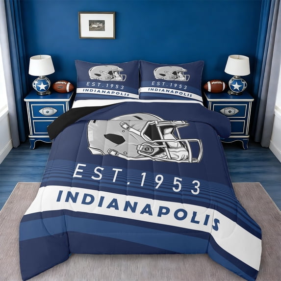 Erosebridal SIndianapolis Comforter Sets Queen Size,Navy Blue Green Stripes Comforters & Duvets,Rugby Helmet Bedding Queen Comforter Set,Stylish Living Room Decoration Reversible,3-Piece