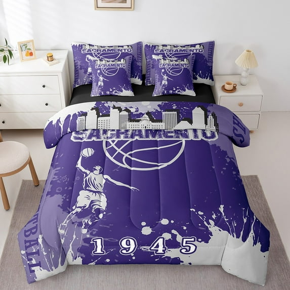 Erosebridal Sacramento Bed in a Bag Twin Size,Basketball Sports City Bed Set,Purple Gray Tie Dye Bedding Twin Size,Super Cozy Bedroom Decorative Reversible,7 Pieces