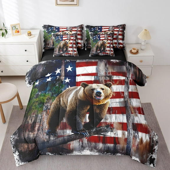 Erosebridal Safari Bear Bedding Sets Queen Size, American Flag Comforter Sets with Sheets, Rustic Branches Bedding Accessories, Super Cozy Bedroom Decoration, Reversible 7pcs