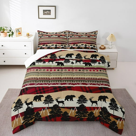 Erosebridal Safari Bear Deer Comforter Sets,Geometric Buffalo Comforters & Duvets,Bohemian Decor,Breathable,2pcs
