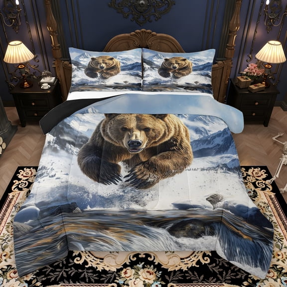 Erosebridal Safari Bear Full Size Comforter Sets, Lake House Waterfall Bedding Sets, Black Reversible, 1 Comforter and 2 Pillowcases