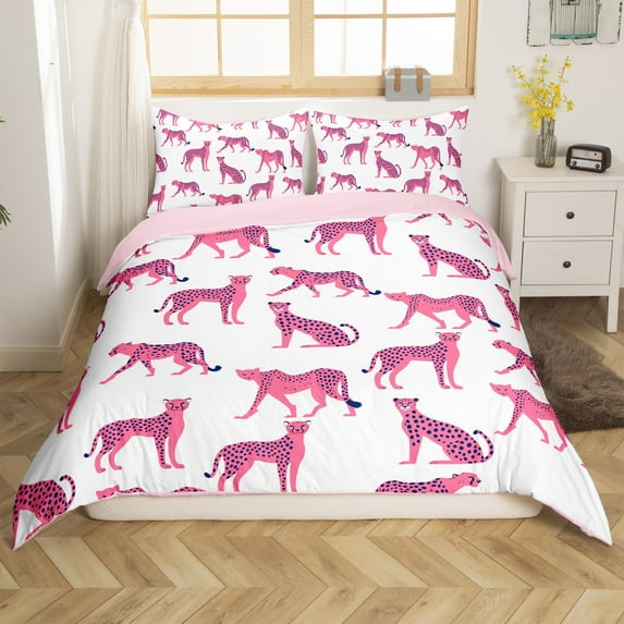 Erosebridal Safari Cheetah Duvet Cover King, Woodland Wildlife Bedding Sets King Size, White Pink Room Decorative, Reversible 3pcs (No Comforter)