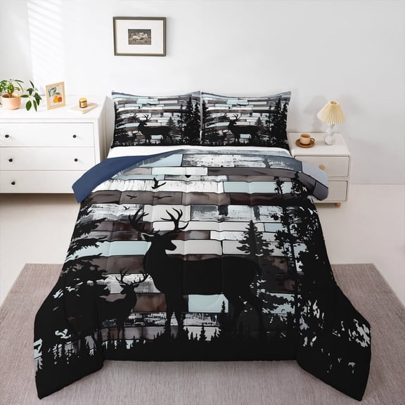 Erosebridal Safari Deer Bedding Sets Queen with Comforter,Wildlife Animal Duvet Insert,Retro Pine Tree Comforter Sets Queen Size,Ultra Soft Bedroom Decorative Reversible,3pcs
