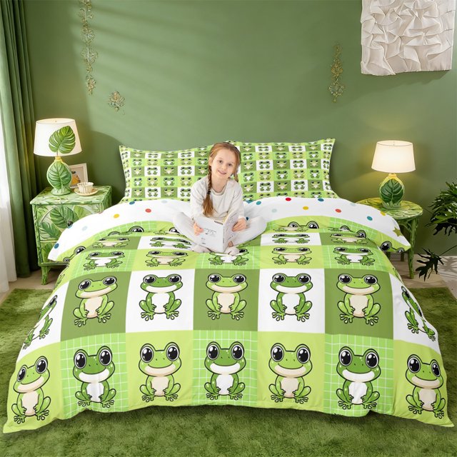 Erosebridal Safari Frog Queen Duvet Cover Set,Green Classic Geometric Grid Bedding For Boys Kids 3-Piece,No Comforter,Reversible