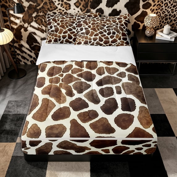 Erosebridal Safari Giraffe Spot Pattern Zipper Full Size Comforter Sets with Fitted Sheet and 2 Pillowcases,Earthy Texture Print Zipper Bedding Set,Brown