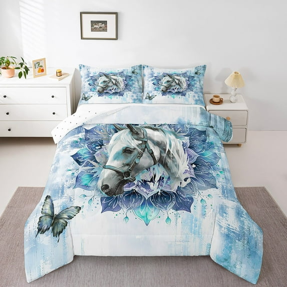 Safari Horse Full Comforter Set Farm Animal Bedding Set Full,Bohemian Mandala Bedding Comforter Sets Blue Ombre Duvet Set,Chic Butterfly Quilted Comforter