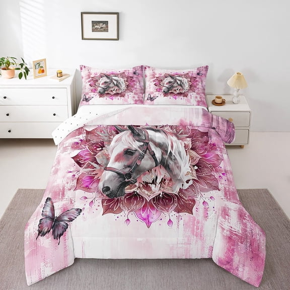 Safari Horse Twin Bedding Sets Farm Animal Comforter Set,Bohemian Mandala Bedding Comforter Sets Pink Ombre Duvet Insert,Chic Butterfly Down Comforter