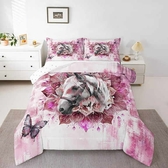Safari Horse Twin Bedding Sets Farm Animal Comforter Set,Bohemian Mandala Bedding Comforter Sets Pink Ombre Duvet Insert,Chic Butterfly Down Comforter