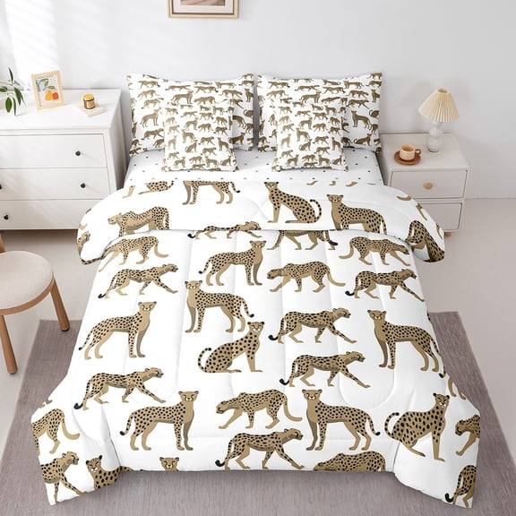Erosebridal Safari Leopard Bed in a Bag Twin Size, Woodland Animal Bed Set, White Brown Bedroom Decorative Breathable 7 Pieces