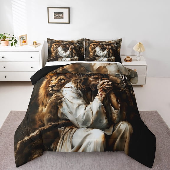 Erosebridal Safari Lion Bedding King Comforter Set,Religious Christian Bedding Sets King with Comforter,Oil Painting Decor,Reversible,Lightweight,3-Piece