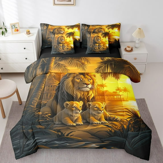 Erosebridal Safari Lion Bedding King Size, Tropical Palm Tree Comforter Sets with Sheets, Afro Animal Wildlife Bedroom Decor, Reversible 7-Piece