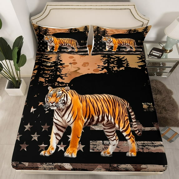 Erosebridal Safari Tiger Fitted Sheet Full,Jungle Animal Bedding Set Full Size,US Flag Bedroom Decor,Lightweight(No Top Sheet)