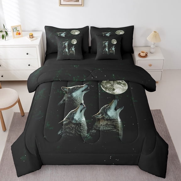 Erosebridal Safari Wolves Bed in a Bag Queen Size,Woodland Wildlife Wolf Bed Set,Moon Jungle Tree Bedding Queen Size,Breathable Bedroom Decor Reversible,7 Pieces