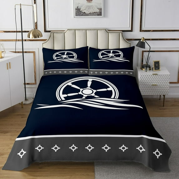 Erosebridal Sailboat Rudder Quilt Sets for King Size Bed, Ocean Nautical Bed Set, Navy Blue, 3-Piece