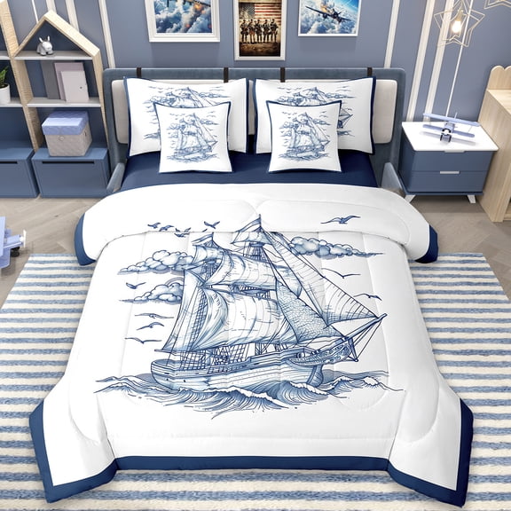 Erosebridal Sailboats Bedding Sets Full Size,Sea Waves Seagull Comforter Sets with Sheets,Nautical Theme Bed in a Bag Full Size For Teens,Ultra Soft Room Decoration Reversible,7pcs