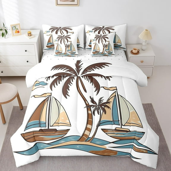 Erosebridal Sailing Boat Bed in a Bag Full size, Coconut Palm Bed Set, Beach Sea Decor, Reversible 7 Pieces