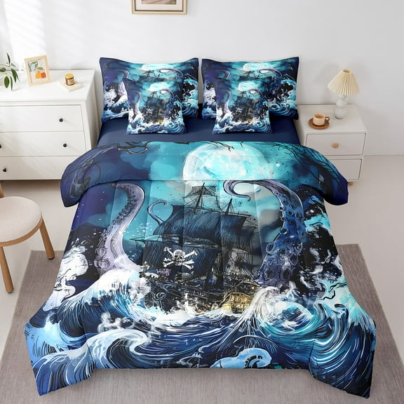 Erosebridal Sailing Ship Bedding Twin Size,Ocean Wave Octopus Comforter Sets with Sheets,Retro Pirate Ship Bedding Sets Twin Size For Youth,Lightweight Bedroom Decorative Reversible,7pcs