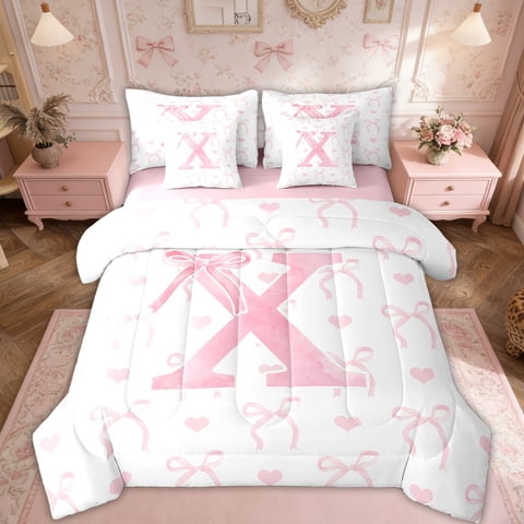 Erosebridal Pink Bow Tie Bedding Sets Twin Size, Initial X Letter Comforter Sets with Sheets, Cute Catoon Decor, Reversible 7-Piece