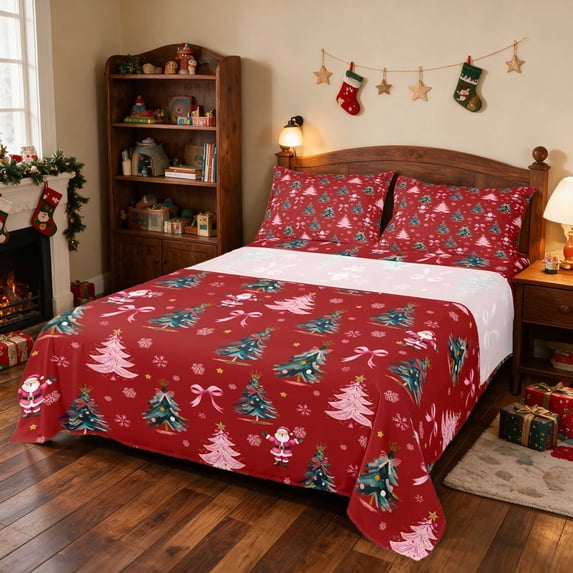 Manfei Santa Bed Sheets Holiday Full Size Sheets, Pink Red 4 Pieces (1 Flat Sheet, 1 Fitted Sheet and 2 Pillowcases)