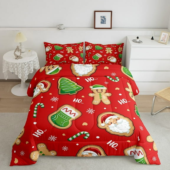 Erosebridal Santa Claus Comforter Set Twin,Cute Gingerbread Man Bedding Teens,Cartoon Christmas Tree Snowflake Comforter Sets,Red Green Xmas Duvet Insert with 1 Pillowcase