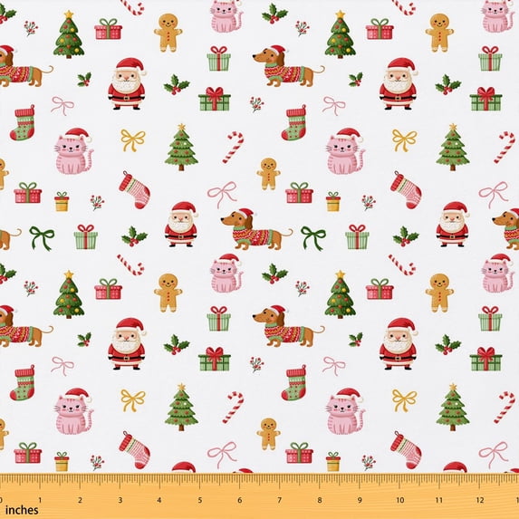 Erosebridal Santa Claus Fabric by the Yard 2 Yards Reindeer Print Sewing Fabric, Light White