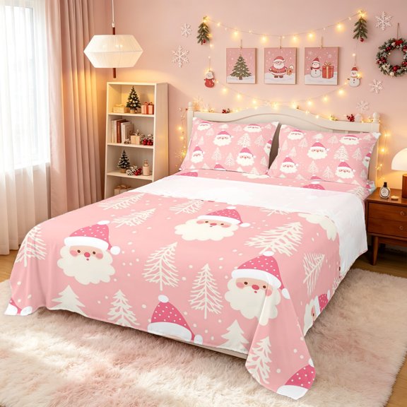 Erosebridal Santa Claus Snowman Queen Sheets, Christmas Presents Queen Sheet Sets, Pink, Pink Reversible, 4pcs, 1 Flat Sheet, 1 Fitted Sheet and 2 Pillowcases