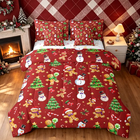 Erosebridal Santa Claus Twin Bedding, Snowman Gingerbread Bedding Comforter Set, Brown Red, Christmas Reversible, 7-Piece