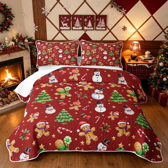 Erosebridal Santa Claus Twin Quilt Set, Snowman Gingerbread Twin Coverlet Set, Brown Red, 2-Piece, 1 Bedspread and 1 Pillowcase