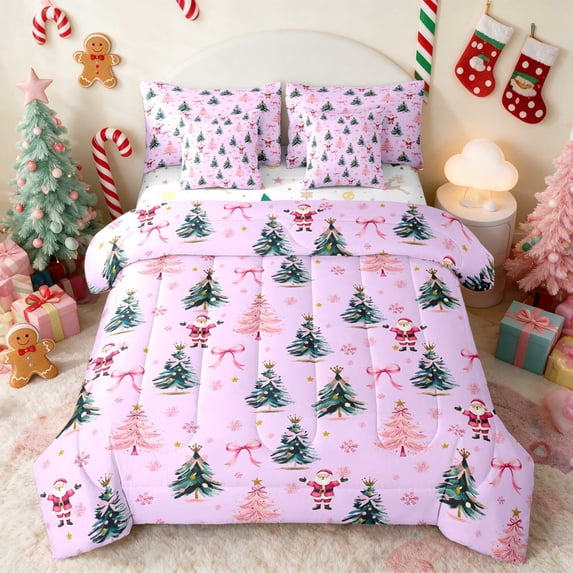 Manfei Santa Full Size Bedding Sets 7-Piece Christmas Full Size Bed in a Bag, Black Red, Xmas Reversible