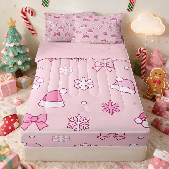 Manfei Santa Hat Holiday Twin Comforter Set with Fitted Sheet and 2 Pillowcases, Green Gold