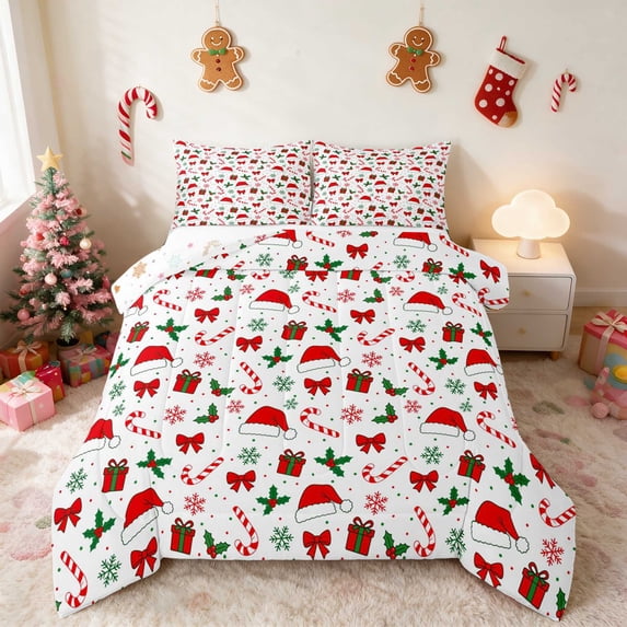 Manfei Santa Hat King Size Comforter Sets Holiday Comforters King Size, Navy Gold 3-Pieces 1 Comforter and 2 Pillowcases, Xmas Reversible
