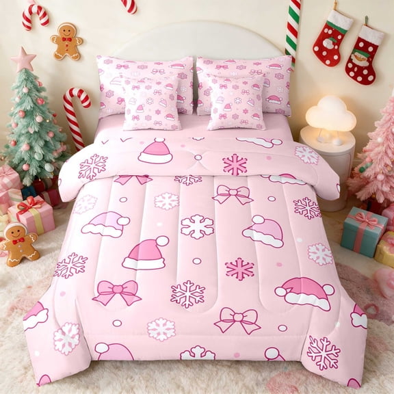 Manfei Santa Hat Twin Bedding 7pcs Holiday Bedding Comforter Set, Green Gold, Pink Reversible