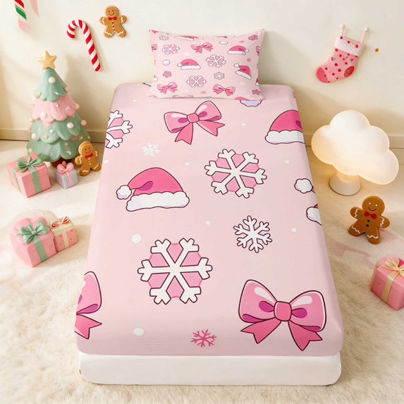 Manfei Santa Hat Twin Fitted Sheet Holiday Bedding, Olive Cream 2pcs 1 Fitted Sheet and 1 Pillowcase