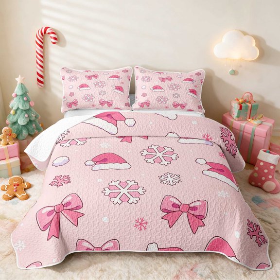 Manfei Santa Hat Twin Quilt Set Holiday Twin Coverlet Set, Olive Cream 2pcs 1 Bedspread and 1 Pillowcase
