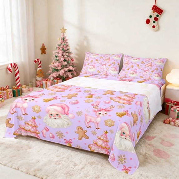 Manfei Santa King Sheets Christmas Bedding, Rust Cream 4pcs (1 Flat Sheet, 1 Fitted Sheet and 2 Pillowcases)