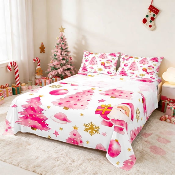Manfei Santa Queen Sheets Christmas Queen Sheet Sets, Maroon Cream 4-Piece (1 Flat Sheet, 1 Fitted Sheet and 2 Pillowcases)