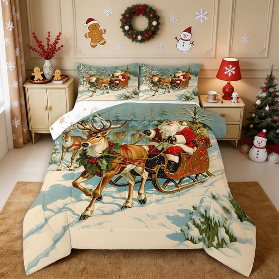 Erosebridal Santa Sleigh Queen Comforter Set 3 Pieces,Christmas Eve Comforter Sets Queen,Green,Reversible,1 Comforter and 2 Pillowcases