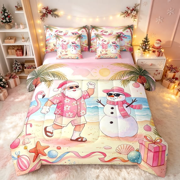 Erosebridal Santa Summer Twin Bedding, Beach Snowman Bedding Comforter Set, Pink Yellow, Pink Reversible, 7 Pieces