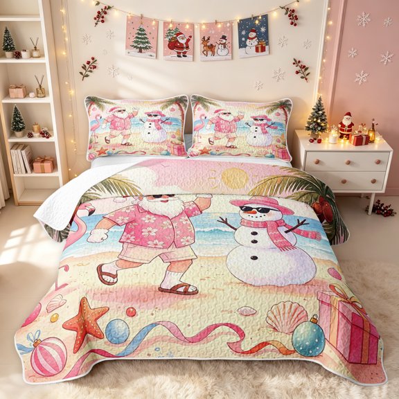 Erosebridal Santa Summer Twin Quilt Set, Beach Snowman Twin Coverlet Set, Pink Yellow, 2 Pieces, 1 Bedspread and 1 Pillowcase